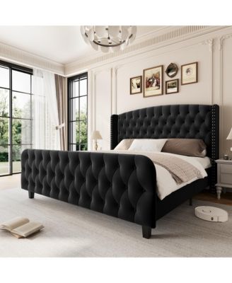 Bed Frame with 51" Tall Tufted Wingback Headboard and Footboard, Soft Fabric Upholstery, Wood Slats, Noise-Free, No Box Spring Needed