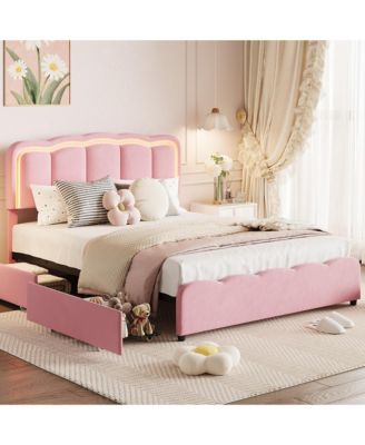Bed Frame with 2 Storage Drawers, LED Lights, Upholstered Bed with Adjustable Headboard, Wood Slats, No Box Spring, Easy Assembly