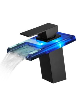 Bathroom Sink Faucet LED Light 3 Colors Changing Waterfall Glass Spout Hot Cold Water Mixer Single Handle One Hole Deck Mounted Bathroom Faucet