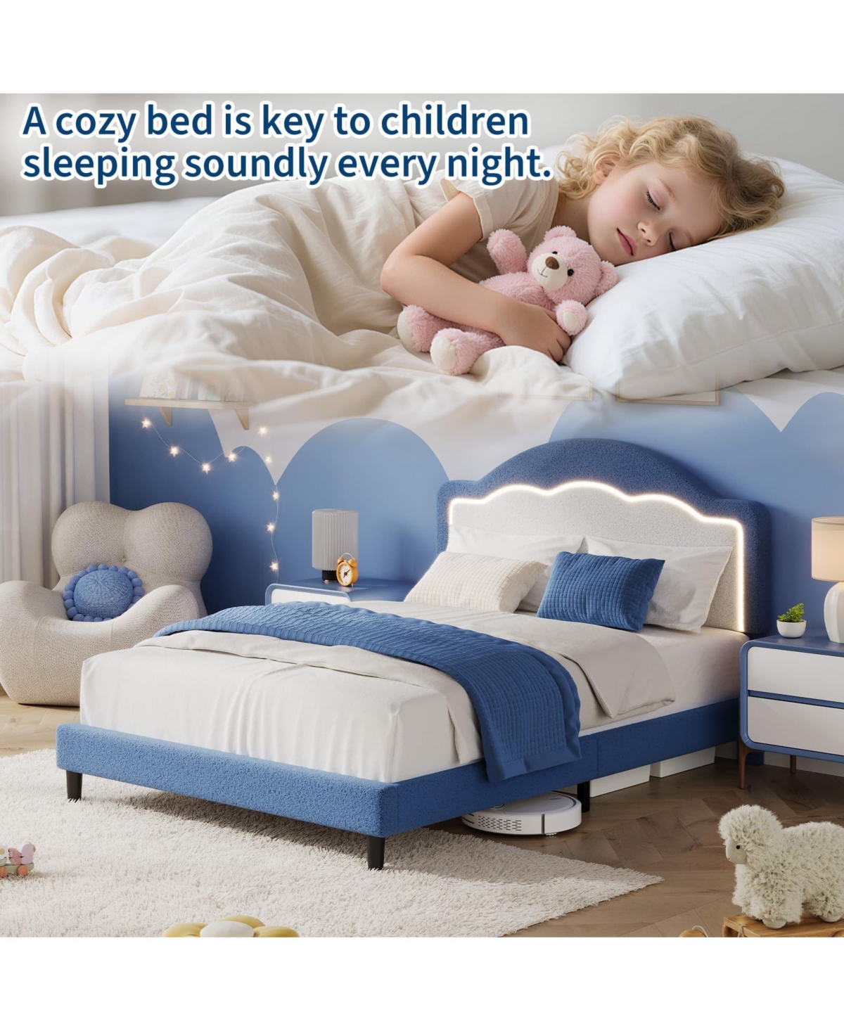 homfan Led Headboard Bed Frame with Soft Sherpa Upholstery, Staple Slat Support, Modern Boucle Styling, No Box Spring Required, Easy Assembly