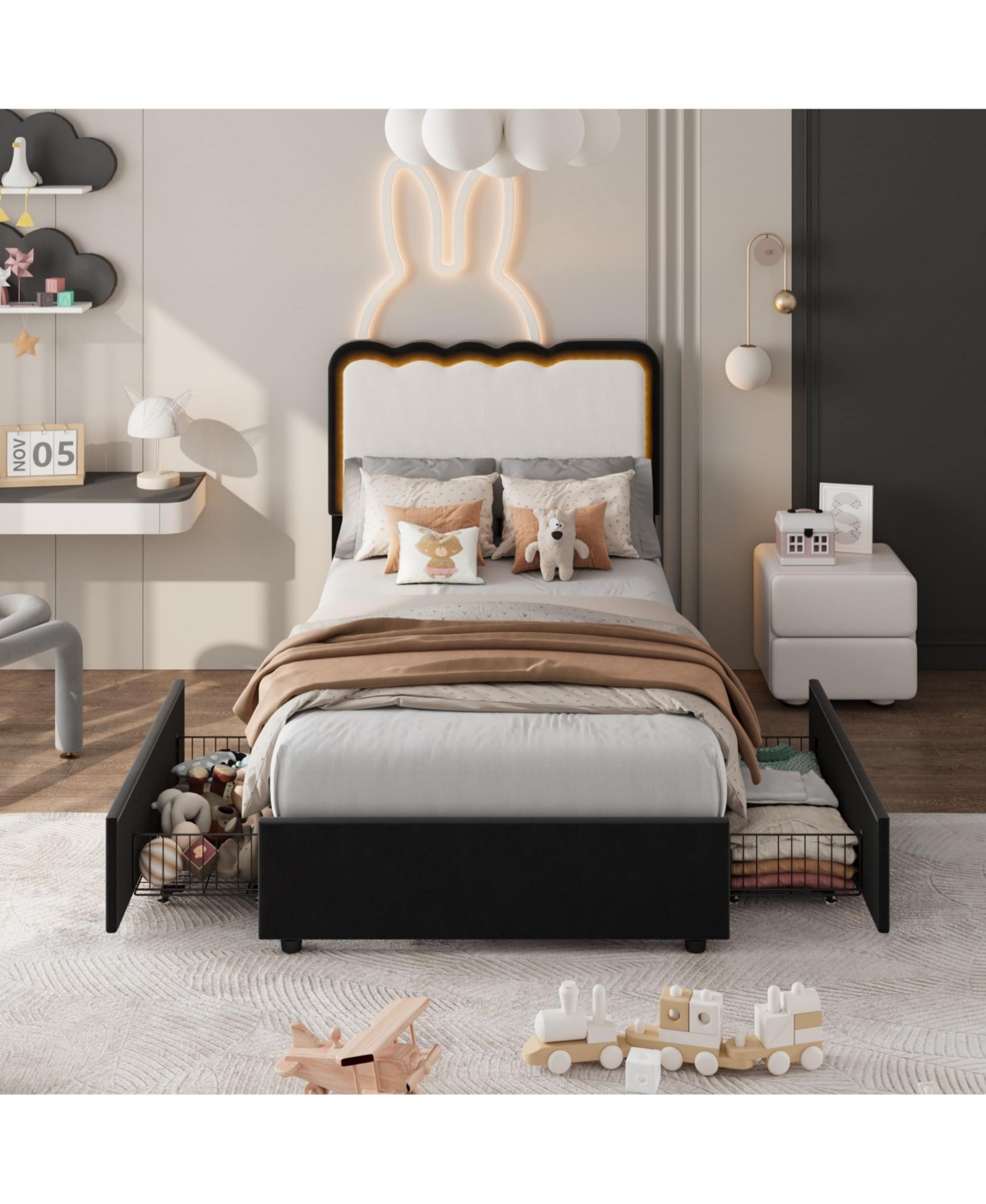 homfan Led Bed Frame with Storage Drawer and Adjustable Headboard, Velvet Princess Platform for Kids