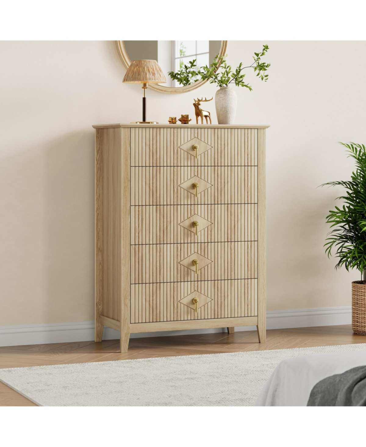 homfan Fluted 5-Drawer Dresser Chest with Metal Handles, 32 inch Wide Storage Tv Stand for Bedroom, Living Room, Hallway - Natural