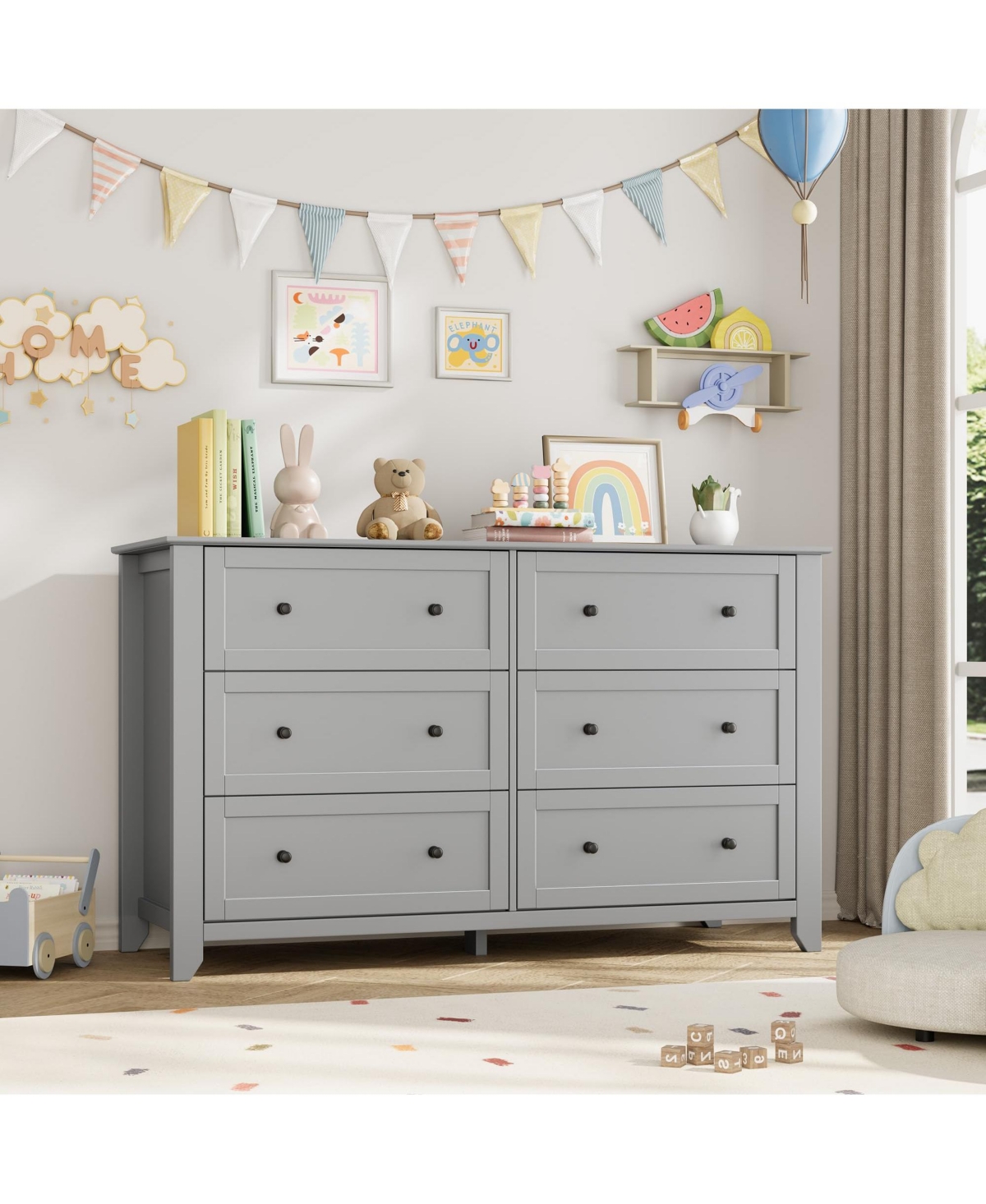 homfan Modern 6-Drawer Wide Dresser Chest with Metal Knobs, Lacquered Finish, Deep Drawer Storage for Bedroom, Entryway or Hallway - Grey