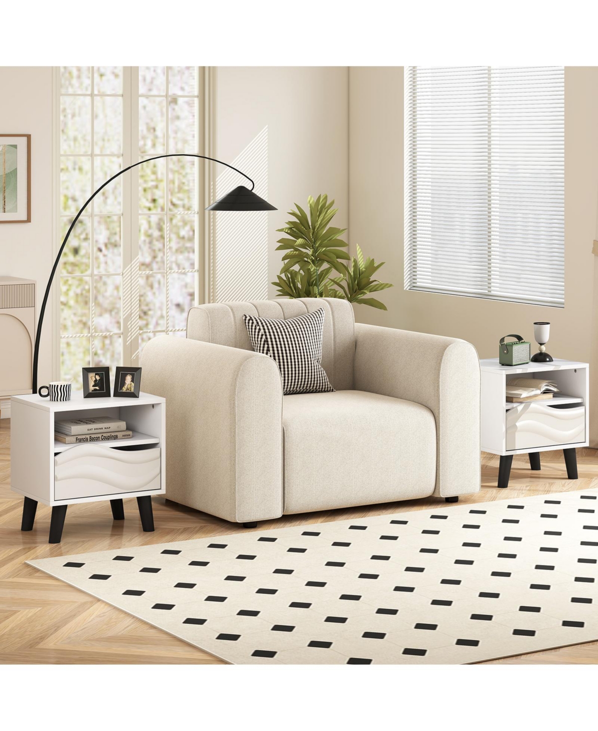 Modern Nightstand with Wavy 3D Front and Open Shelf for Bedroom-White