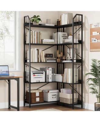 L-Shaped Corner Bookshelf, 5-Tier Tall Bookcase, Industrial Storage Display Shelves for Living Room, Home Office