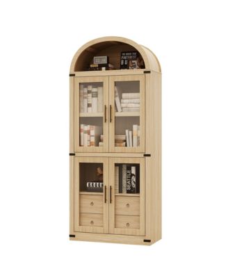 71.7 Inch Tall Arched Bookcase, Glass Door Arched Cabinet with 2 Inner Drawers, Freestanding Arched Display Storage Cabinet