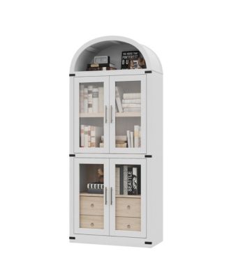 71.7 Inch Tall Arched Bookcase, Glass Door Arched Cabinet with 2 Inner Drawers, Freestanding Arched Display Storage Cabinet