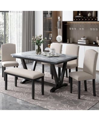 6 Piece Modern Dining Set with Marble Veneer Table and Bench