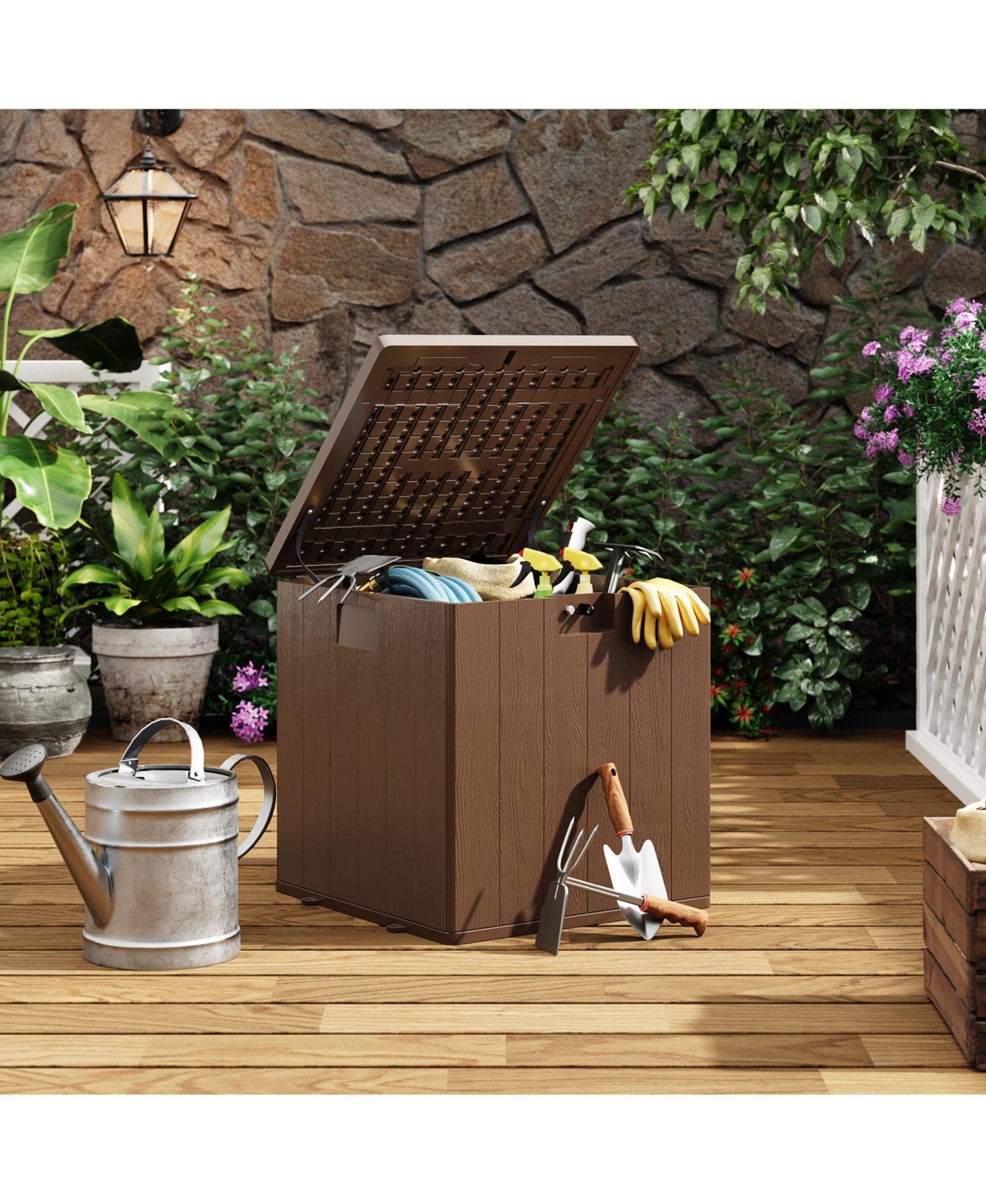 GarveeLife 80 Gallon Resin Deck Box Waterproof Weather Resistant Outdoor Storage Container with Lockable Lid Handles Heavy Duty 350 Lb Capacity