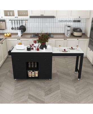 Kitchen Island with Extendable Table, Marble Top, Power Outlet and Storage