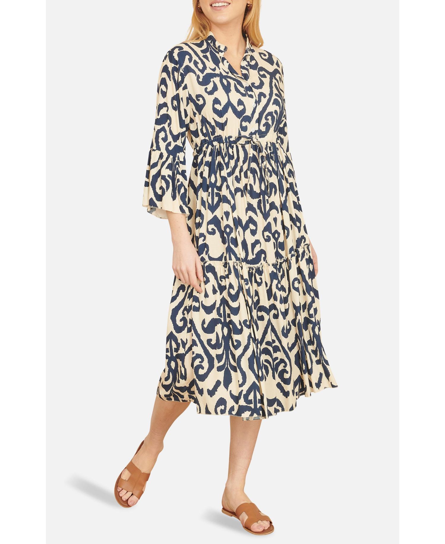 Women's 3/4 Sleeve Block Print Kaftan Dress