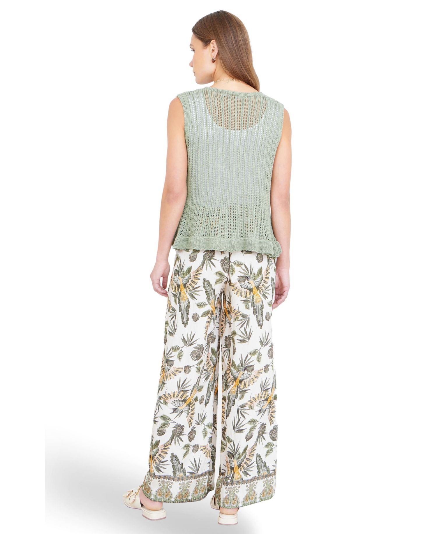 Women's Bird Print Viscose Wide Leg Trousers
