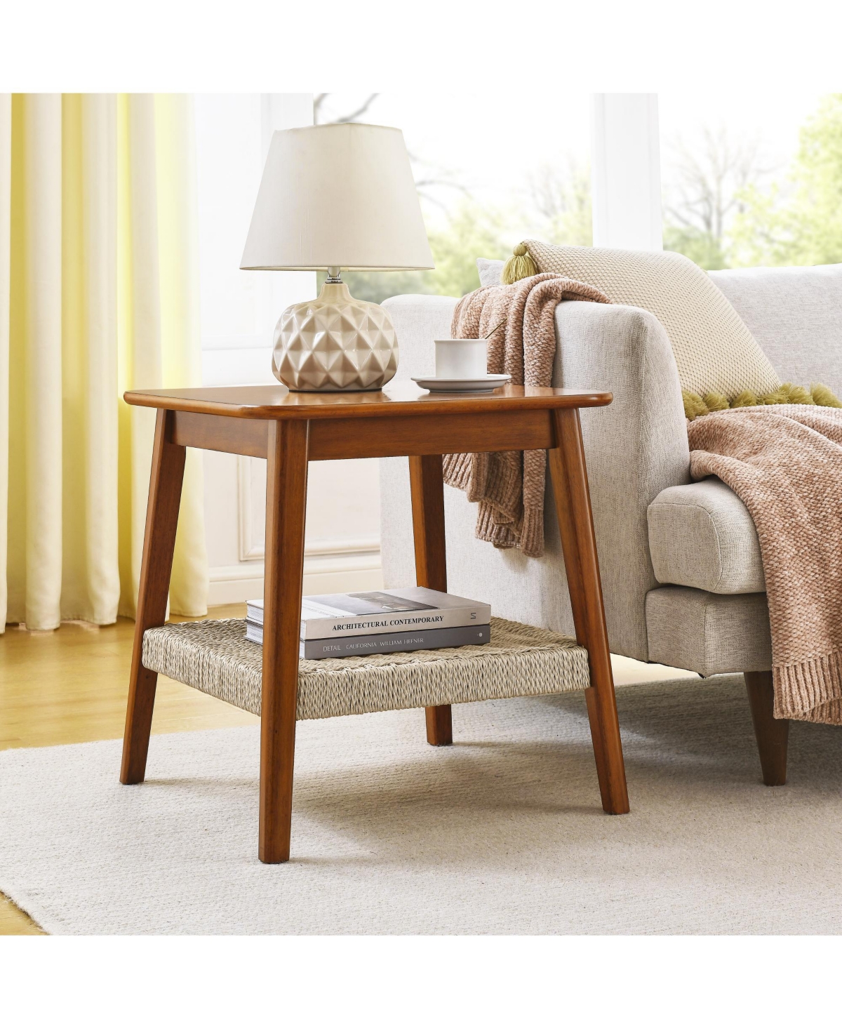 Rainsken 23" Square Wooden End Table with Woven Storage Shelf, Mid-Century Bedside Table, Nightstand for Living Room, Bedroom, Office