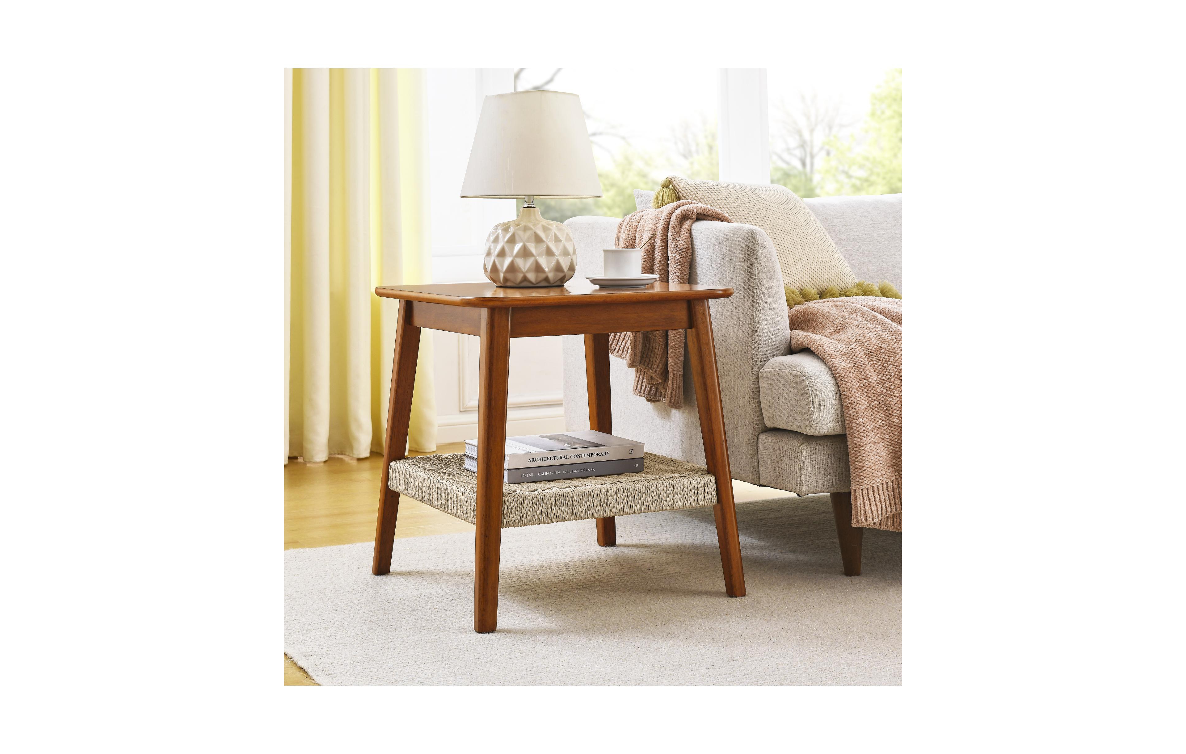 Rainsken 23" Square Wooden End Table with Woven Storage Shelf, Mid-Century Bedside Table, Nightstand for Living Room, Bedroom