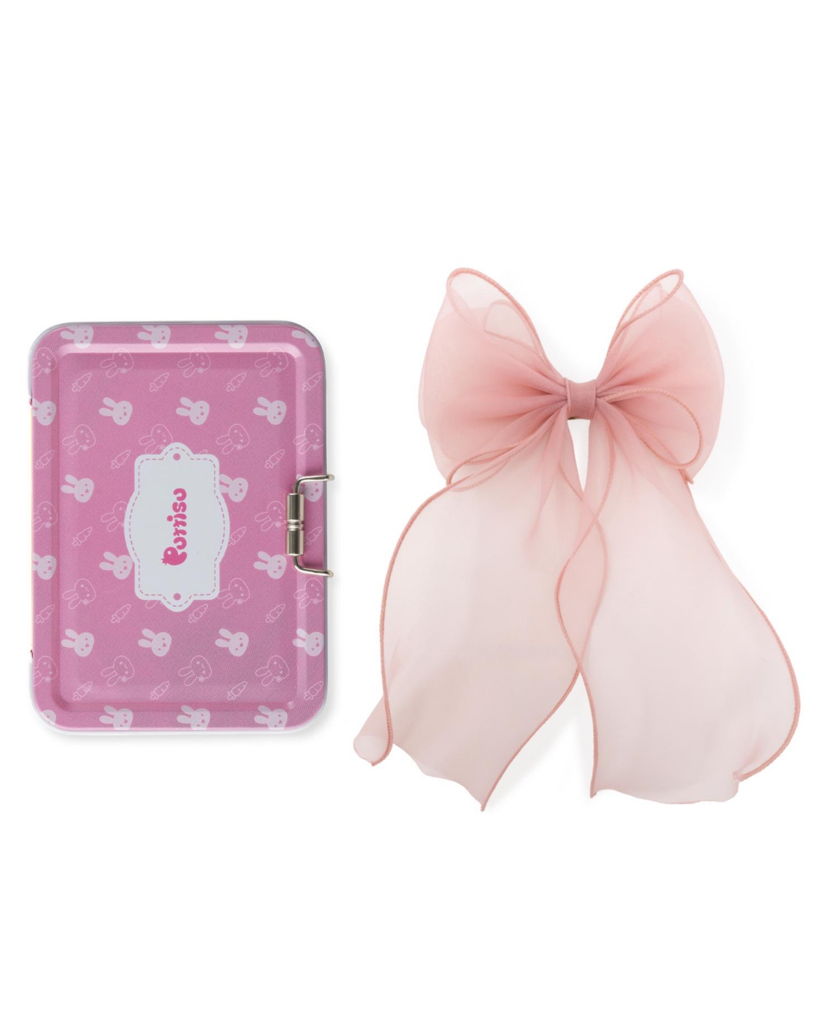 Puttisu Girls Organza Large Bow Clip Gift Set with Tin Case - Blush pink