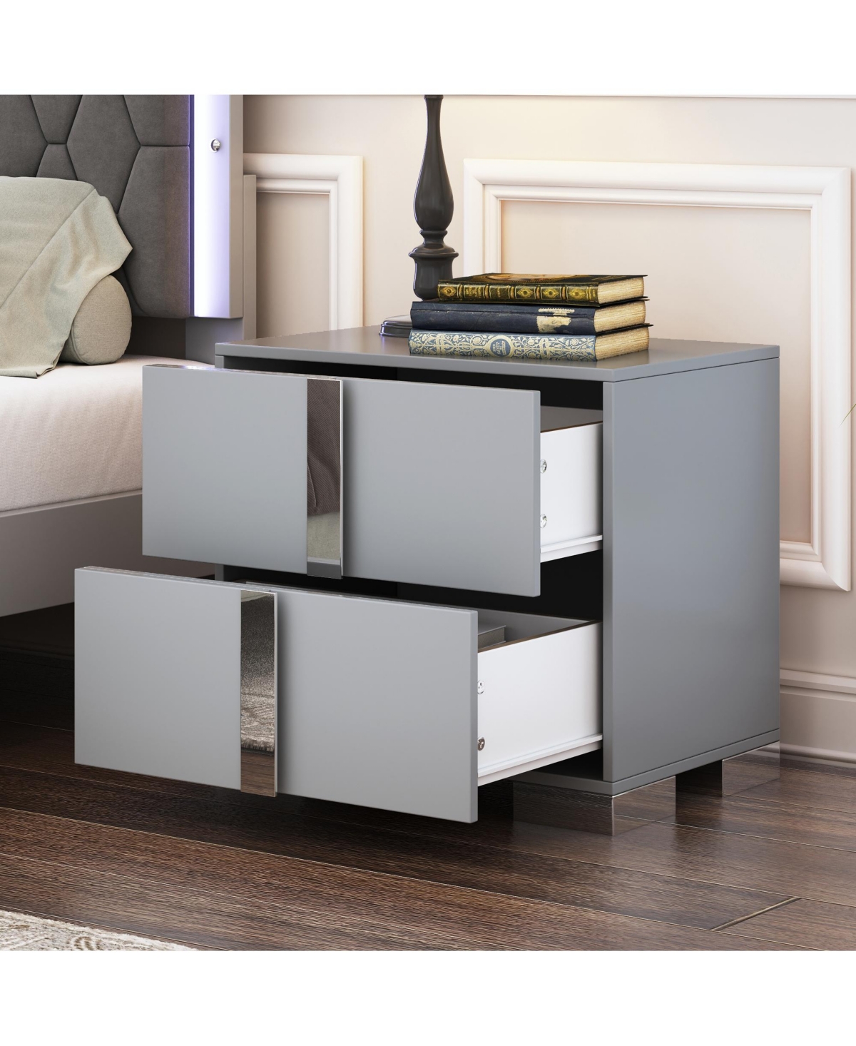 Rainsken 1 Pc Mdf Elegant Nightstand with Silver Mirrored Handle and 2 Drawers Bedside Table