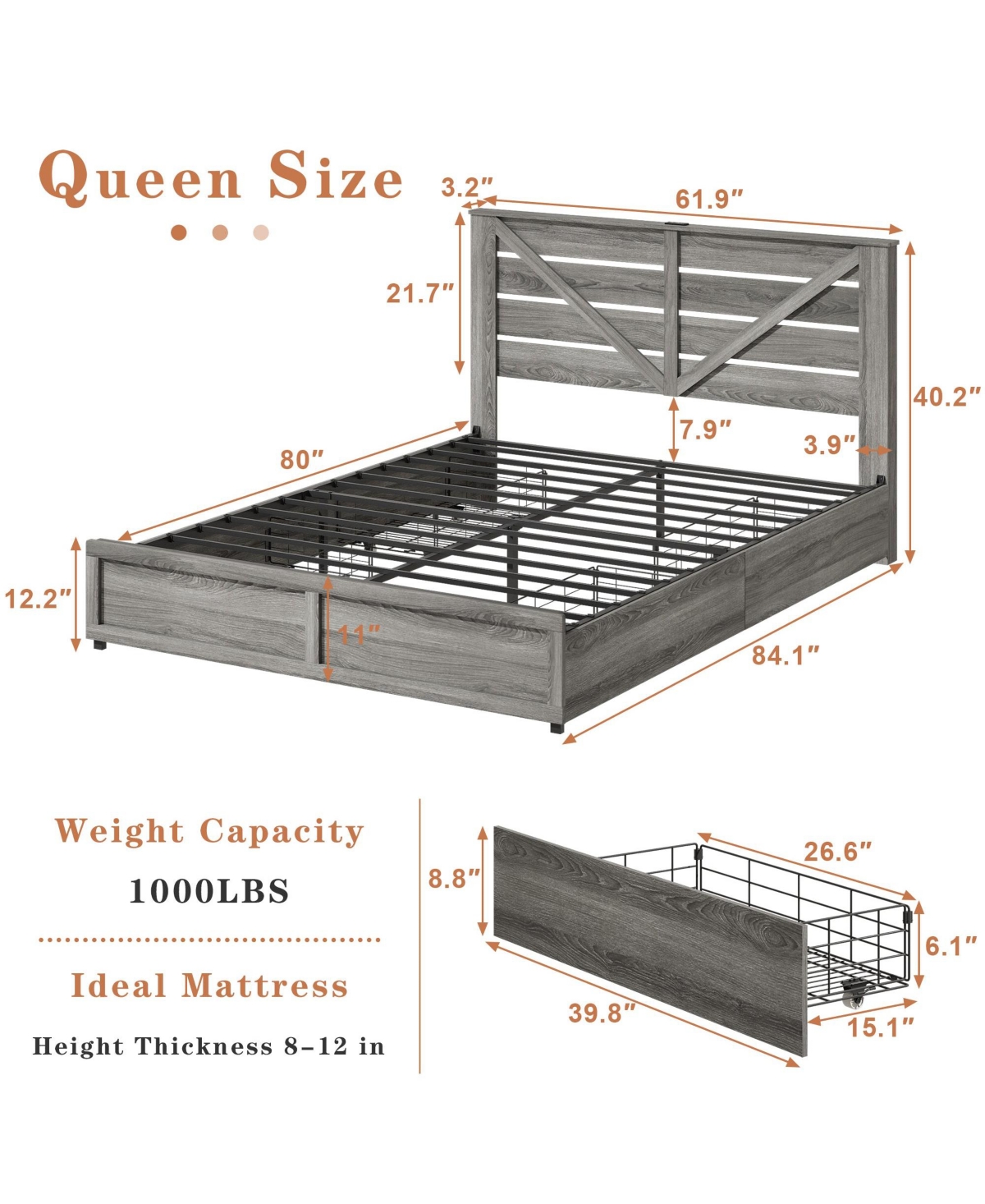 Lucky One Queen-size Storage Bed Frame with Storage Headboard 4 Storage Drawers on Bed Body ,Led