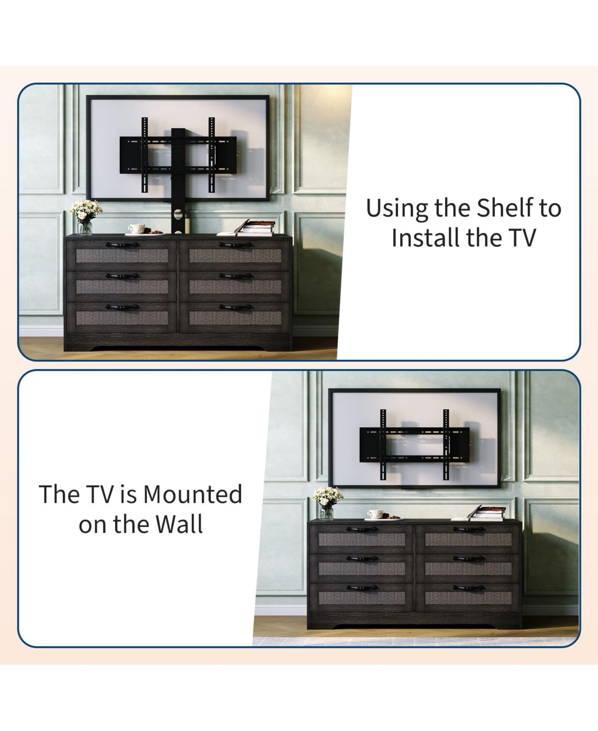 gaomon 47.2 Rattan Tv Stand with Mount for TVs 32–85", Modern Media Console with 6 Rattan Drawers and Adjustable Bracket