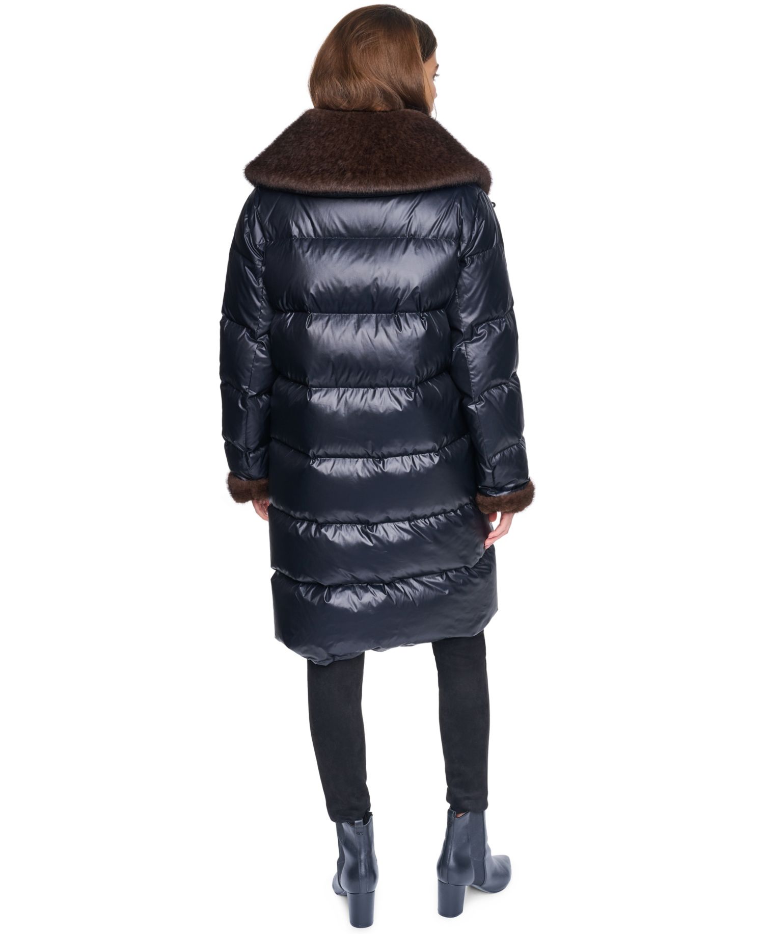 Women's Long Faux Fur Cuff and Collared Puffer