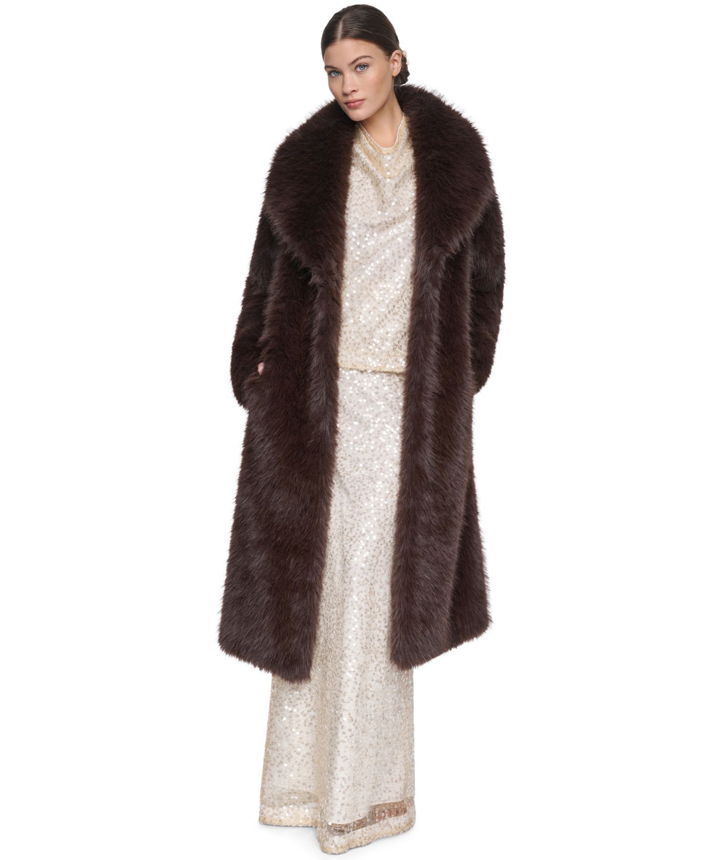 Женское пальто Halston Collared Faux Fur, цвет: Коричневый — фото 2