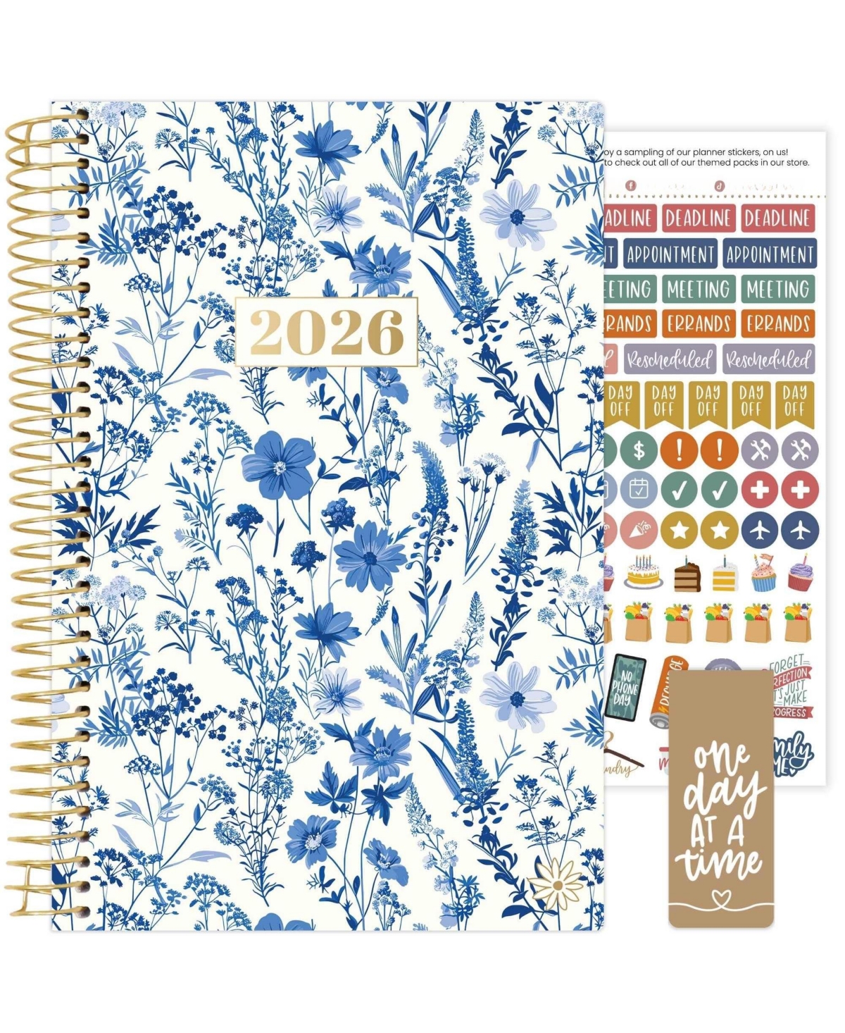 Gnuadz 2026 Planner Weekly Monthly Agenda Stickers Bookmark - Blue  white floral 5.5" x 8.25"