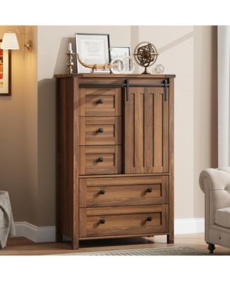 Farmhouse 5 Drawer Dresser for Bedroom, Wood Dresser Chest of Drawer with Sliding Barn Door, Adjustable Shelf