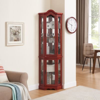 Lighted Corner Curio Cabinet with Tempered Glass Doors and Shelves Elegant Oak Display Storage