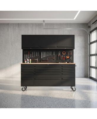 72 Inch 15 Drawer Workbench with 3 Locking Top Cabinets, Heavy Duty Steel and Rubber Wood Tool Chest
