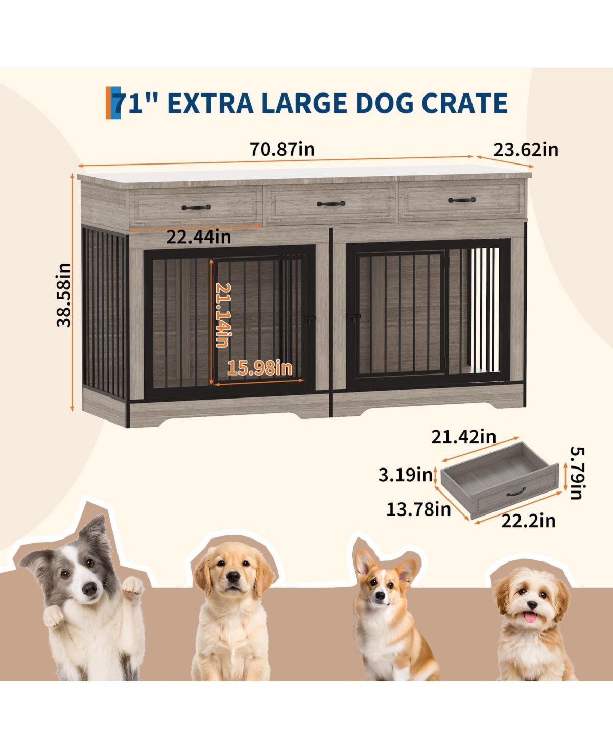 Gaomon Extra Large Double Dog Crate Furniture for 2 Medium Large Dogs Wooden Kennel End Table Tv Stand Chew Resistant with 3 Storage Drawers