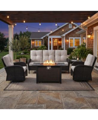 Patio Furniture Set with Fire Pit Table, Wicker Outdoor Sectional Sofa with Swivel Rocker Chairs, All-Weather Rattan Conversation Set
