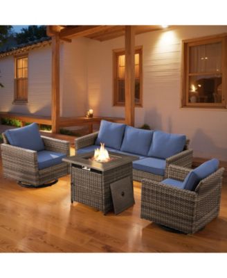 Patio Furniture with Fire Pit 4-Piece Wicker Outdoor Sectional Couch with Swivel Rocking Chairs, Propane Fire Pit Conversation Set