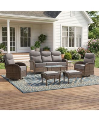 Patio Furniture Set Wicker Conversation Set Rocking Bistro Set with Sofa, Coffee Table, Tempered Glass Side Table and Ottoman