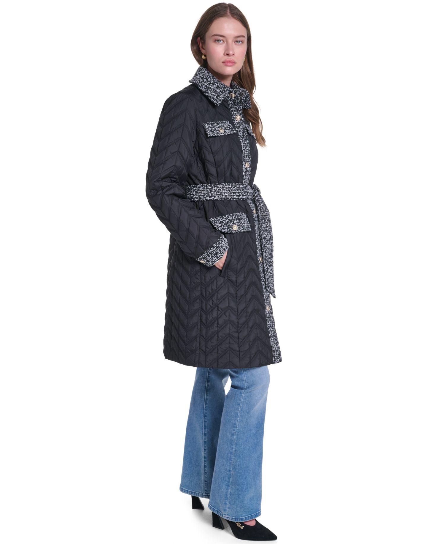 Women's Long Quilted Tweed-Trim Coat