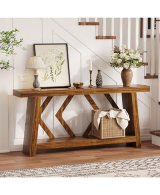 All-Wood Console Table with Trapezoid Legs – 2-Tier Extra Long Sofa Table for Hallway, Living Room, Narrow Foyer