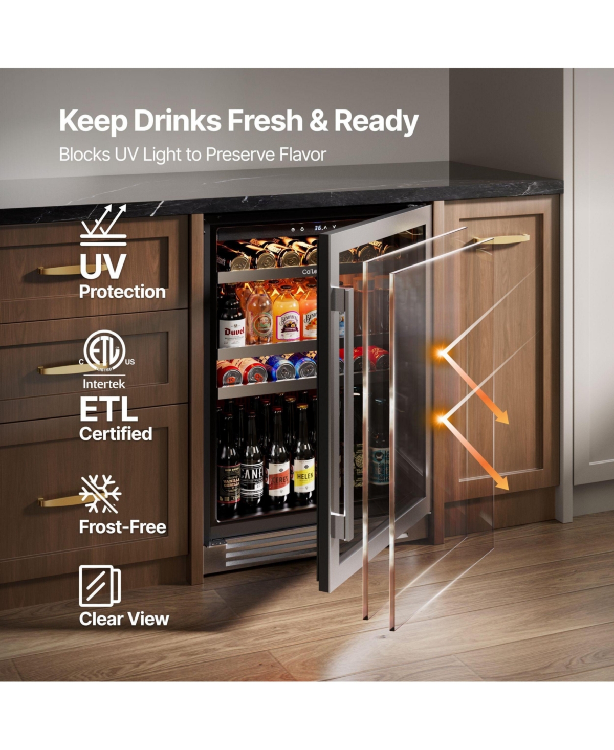 Ca'Lefor 24 Inch Beverage Refrigerator , 180 Can, Glass Door, Built In or Freestanding, 5.65 Cubic Feet, for Home