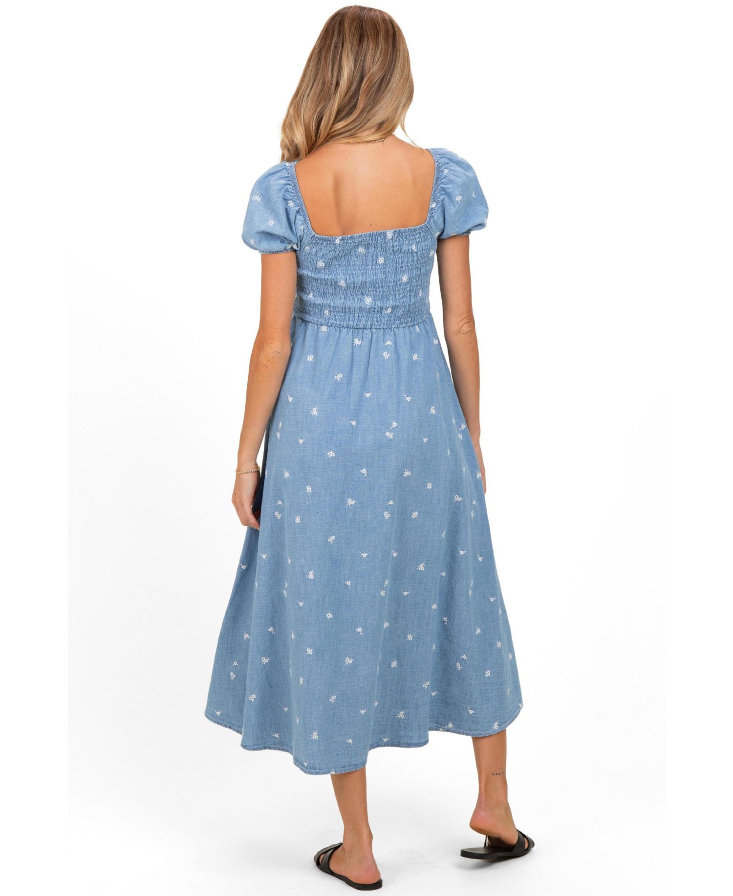 Women's Chambray Embroidered Smocked Midi Dress