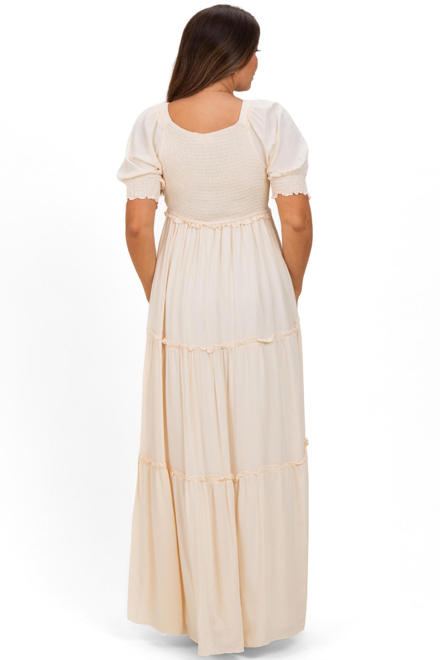 Women's Cream V-Neck Smocked Tiered Maxi Dresses