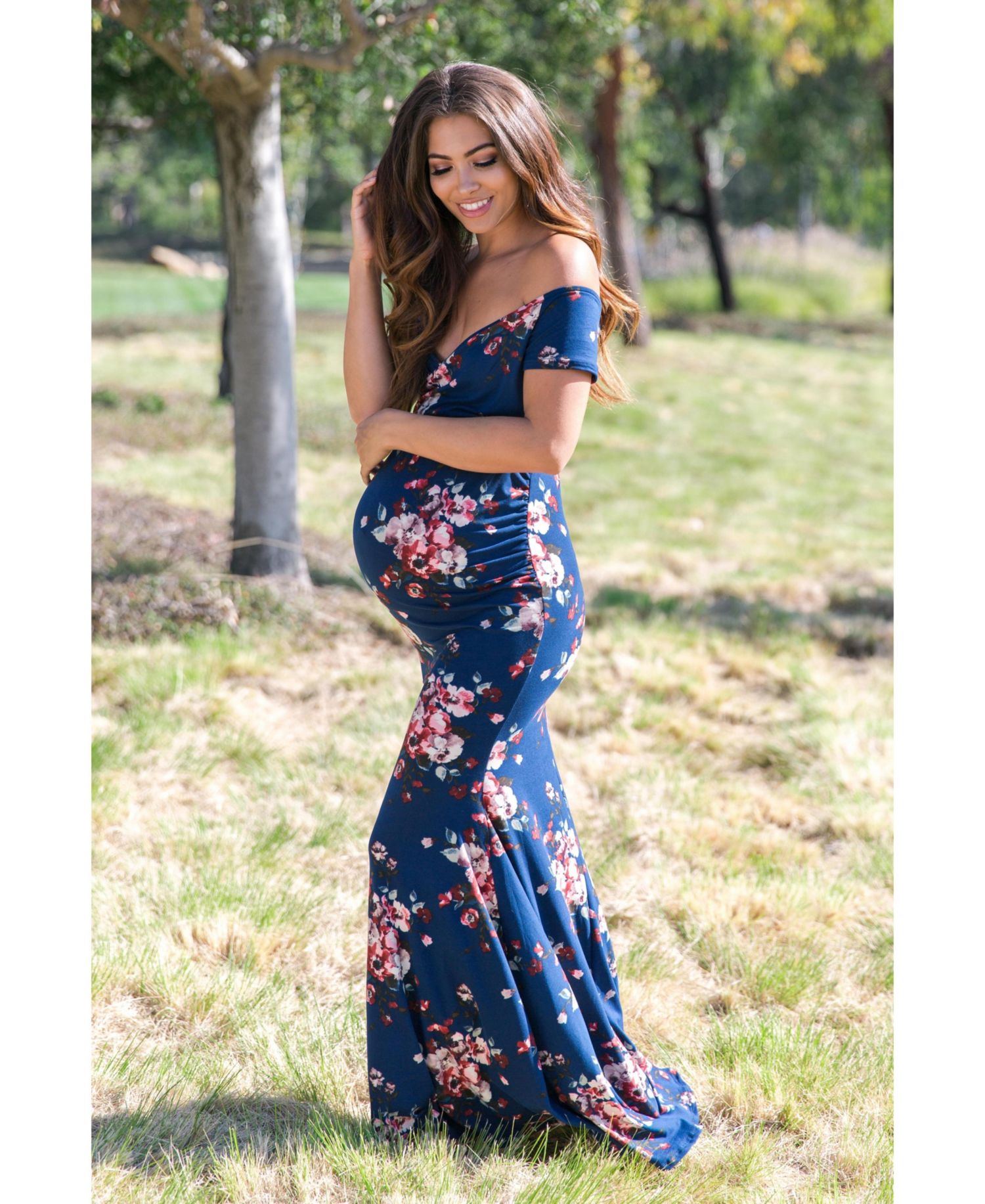 Women's Navy Floral Off Shoulder Wrap Photoshoot Gown/Dress