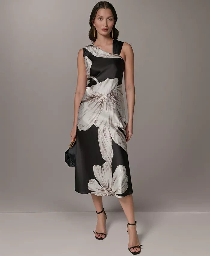 Women's Sleeveless Asymmetrical Neck Floral Midi Dress