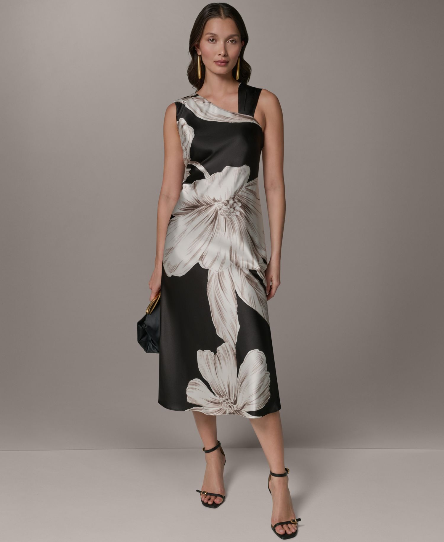 Women's Sleeveless Asymmetrical Neck Floral Midi Dress