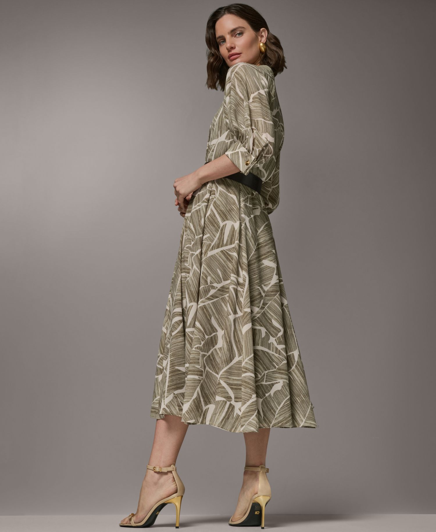 Women's Printed Collared Shirt Dress with Faux Leather Belt