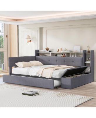  Upholstered Daybed with Trundle, Storage, USB, LED Lights
