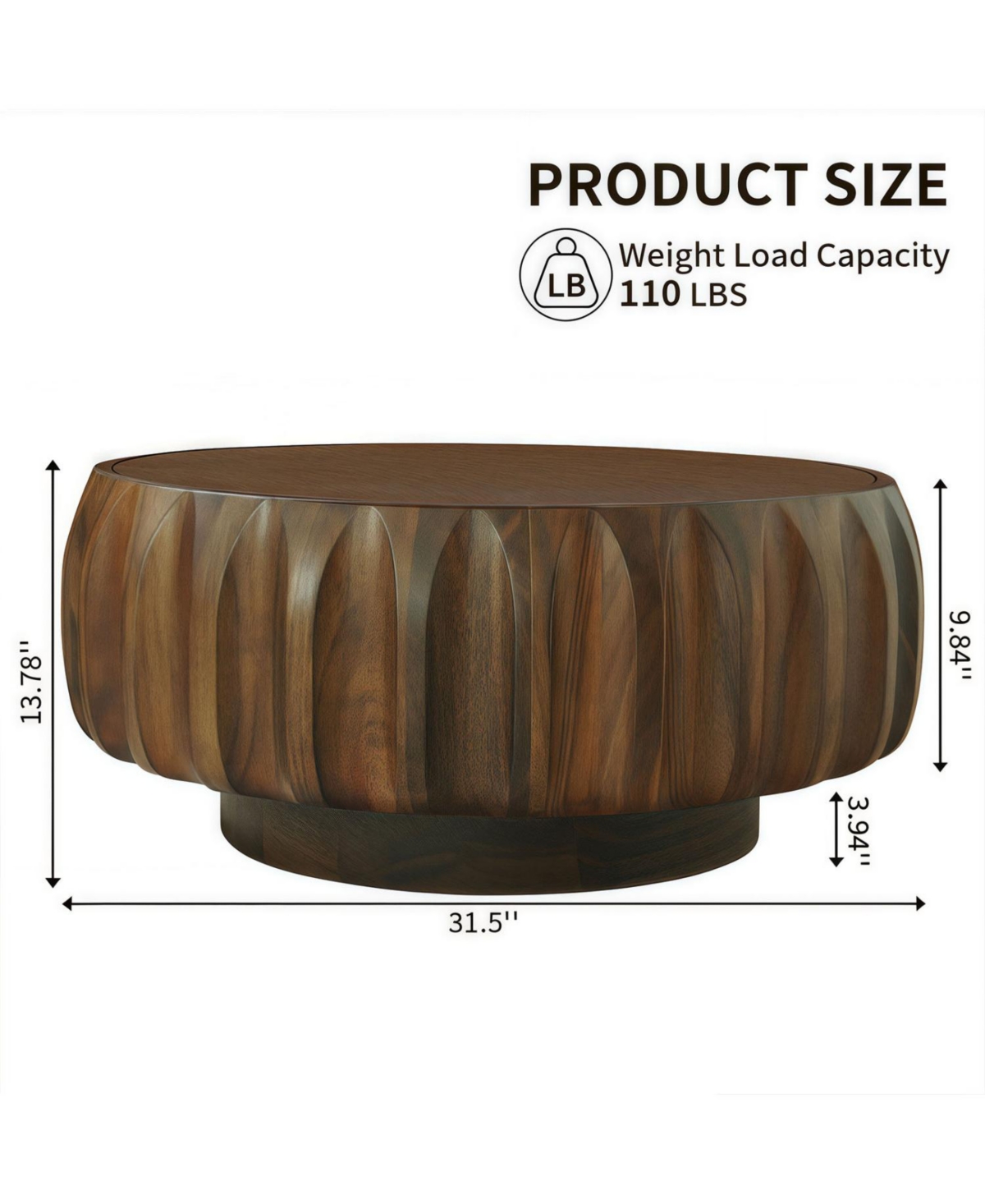 Streamdale Furniture Round Solid Wood Carved Coffee Table with Elegant Sculptural Design
