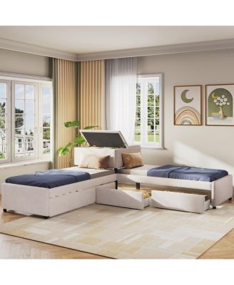  L-Shaped Upholstered Twin Platform Bed with Trundle, Drawers, and Desk