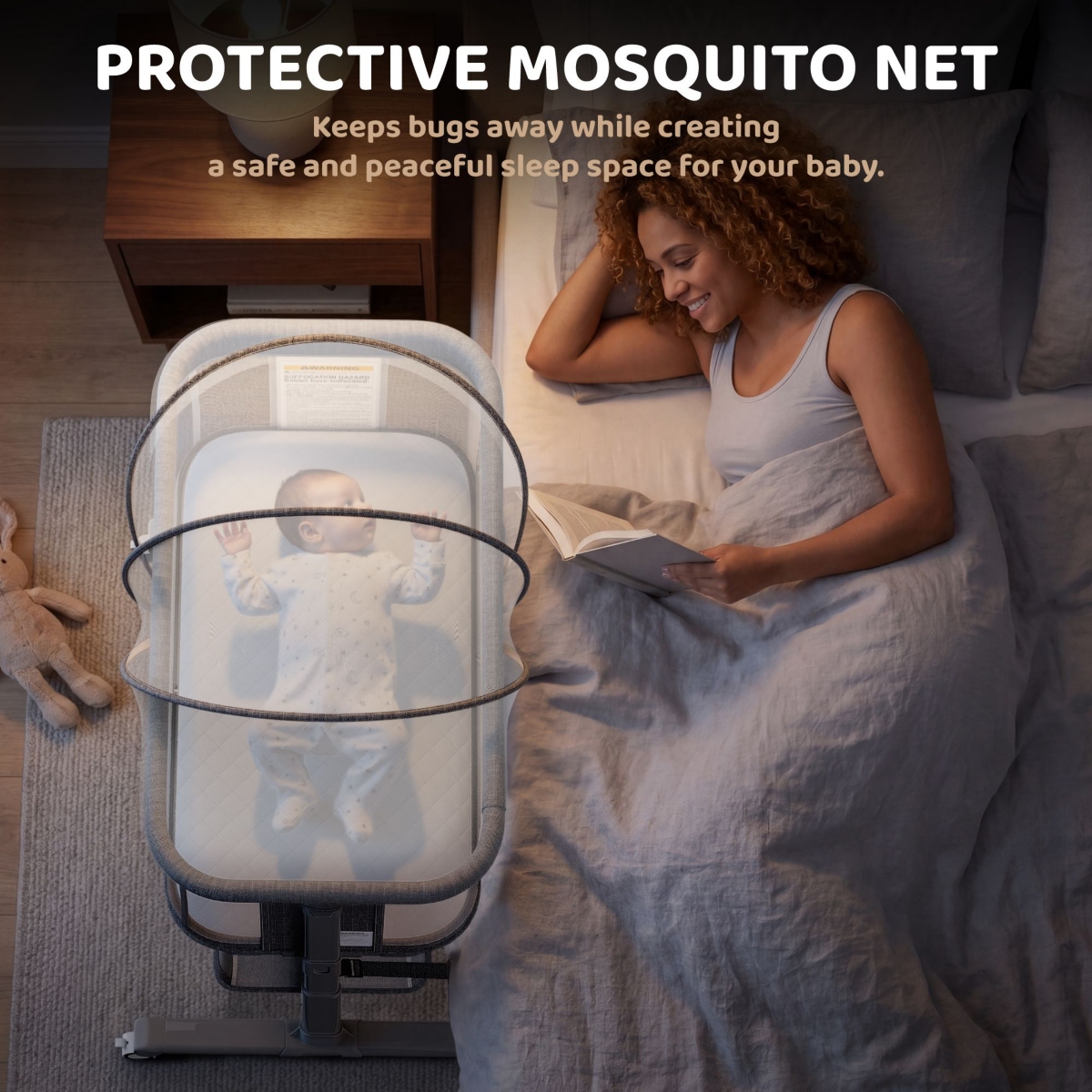 Kinder King Baby 3-in-1 Bassinet Bedside Sleeper with Adjustable Height, Mosquito Net and Wheels