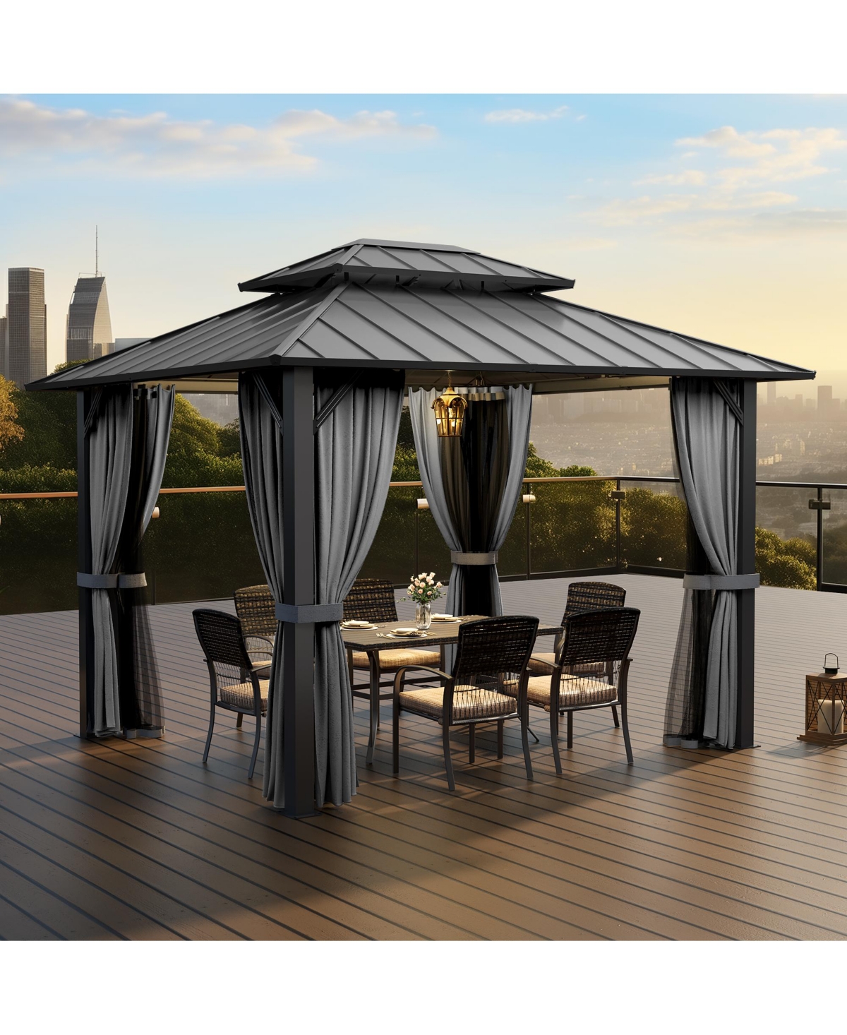 Pamapic Hardtop Gazebo, Galvanized Steel Double Roof Outdoor Pavilion with Breathable Netting and Privacy Curtain, Patio, Backyard