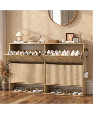 2 Set of Fluted Shoe Cabinet for Entryway, Freestanding Narrow Shoe Storage with 2 Flip Drawers, Open Bottom Shelf