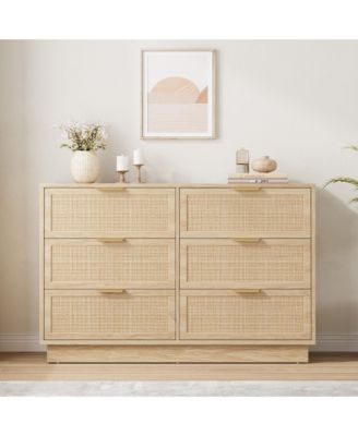 6-Drawer Rattan Dresser with Integrated Legs, 47" Wide Boho Chest for Bedroom Hallway Entryway Closet