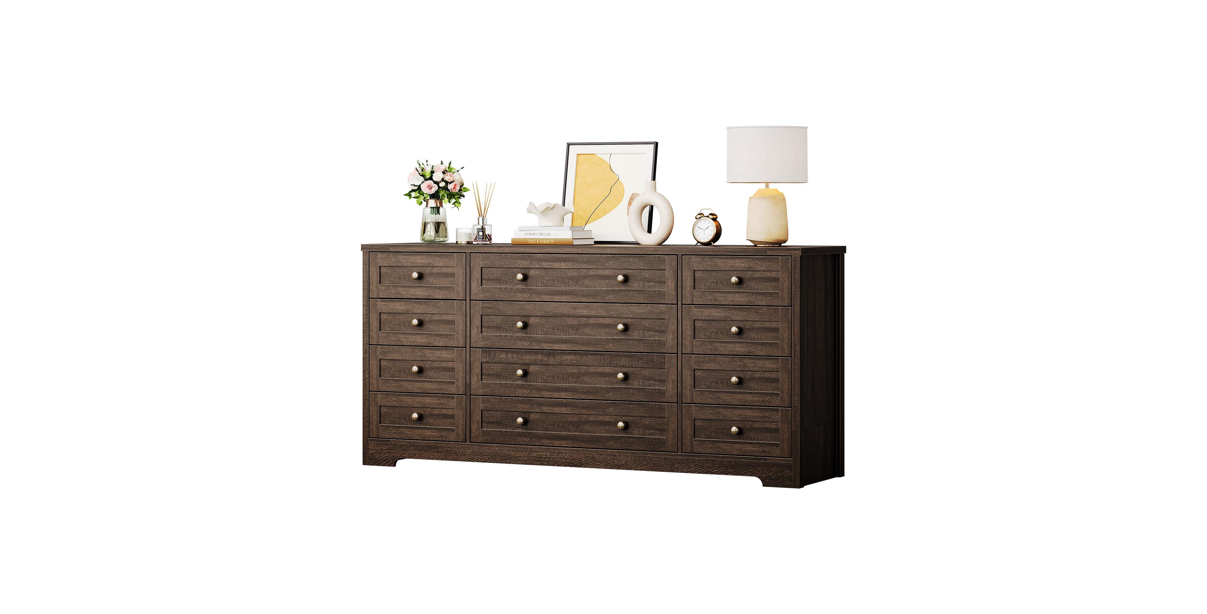 homfan 12-Drawer Wood Dresser, 63" Long Storage Chest with 16" Width for Bedroom Living Room, Supports 65" Tv