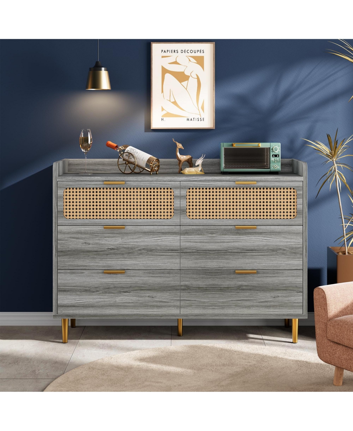 homfan 47" Wide Modern Chest of Drawers, 6 Drawer Double Dresser for Bedroom,Wooden Storage Rattan Dresser for Bedroom Living Room Hallway